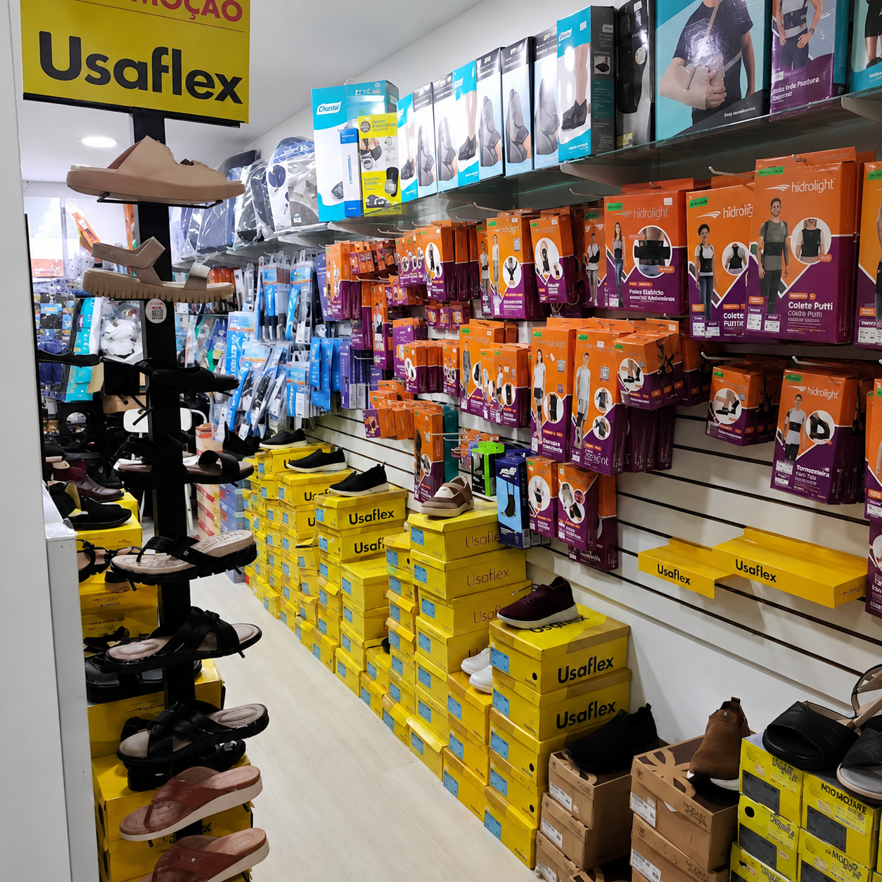 Interior da loja Giselle, com prateleiras de órteses, cintas e caixas de calçados Usaflex