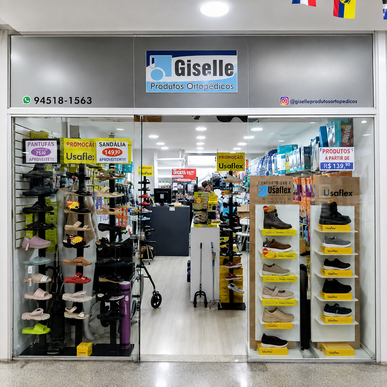 Fachada da loja Giselle Produtos Ortopédicos, com vitrine de calçados e produtos ortopédicos